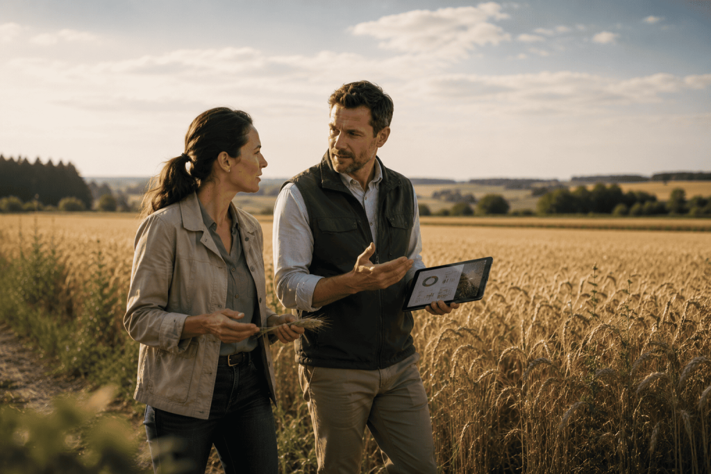 Two people discussing business in a field