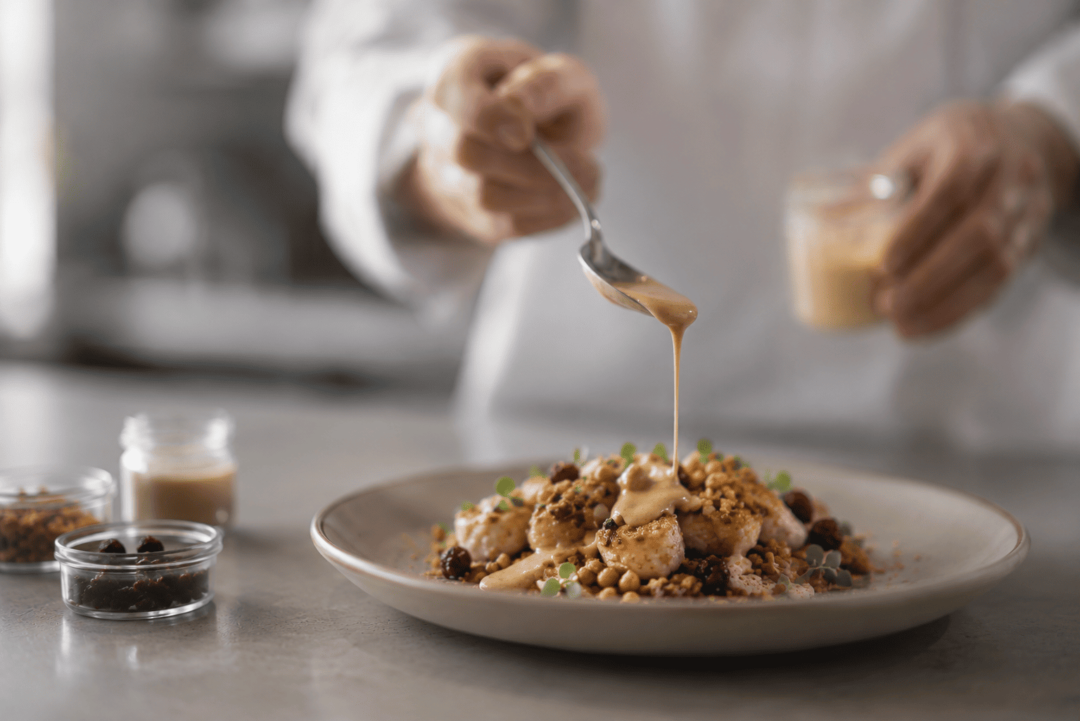 Chef aplicando salsa