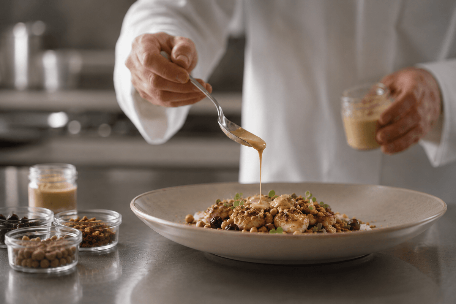 Chef aplicando salsa