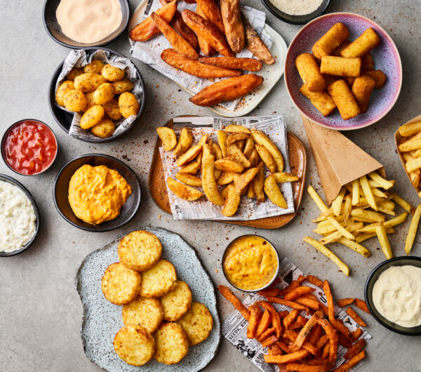 Fries, potatoes, and sauces